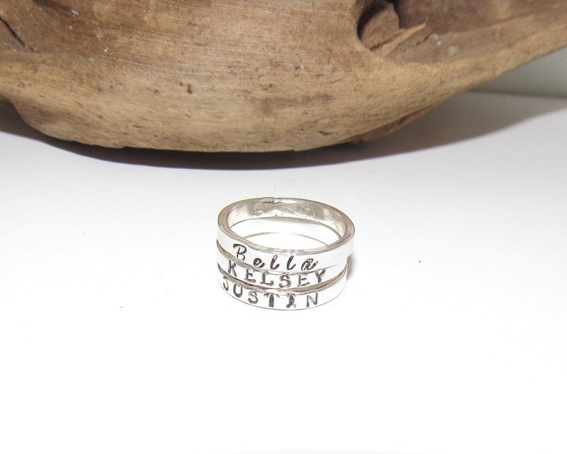 set of 3 skinny name rings, Personalized Silver Stacking Ring, 2mm Mother's Ring, Best Friend Ring, Graduation Ring, moms Anniversary gift