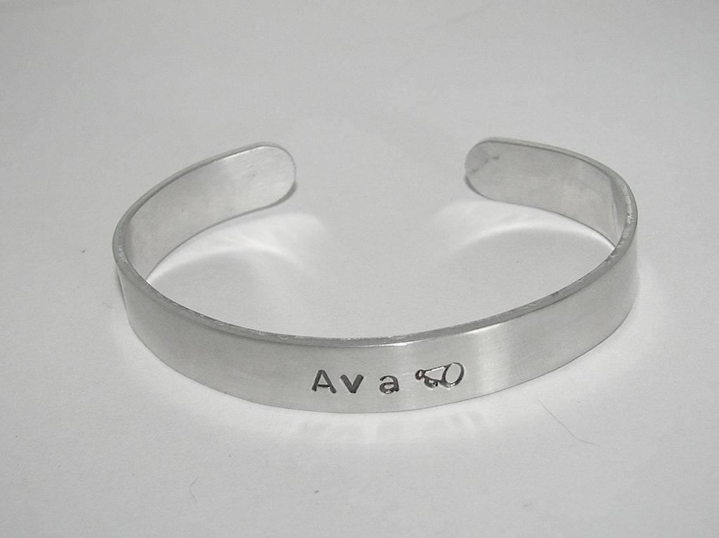 Pewter hand stamped cuff bracelet, gift personalized with name and school , custom handstamped jewelry, handstamped jewelry