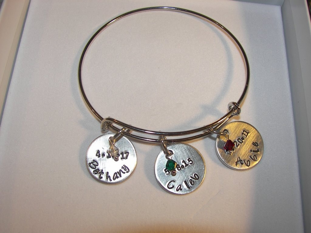 adjustable bangle charm bracelet with kids names and birthstones, personalized hand stamped jewelry bangle, custom handstamped jewelry, view 9