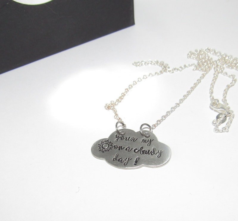 You are my sunshine on a cloudy day necklace, personalized pewter silver stamped jewelry, custom stamped jewelry, mother daughter necklace, view 3