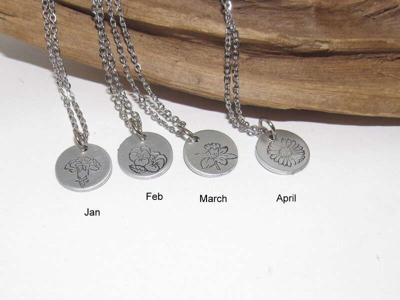 Sterling Birth flower necklace, Kids birth month flower gift, personalized hand stamped jewelry, Mothers day gift for mom , flower jewelry, view 2