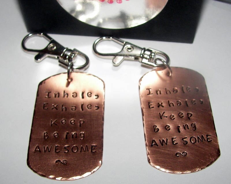 Ready to ship, inhale exhale keep being awesome , key ring, handstamped jewelry, gift for dad, gift for him, gifts for her,, view 3