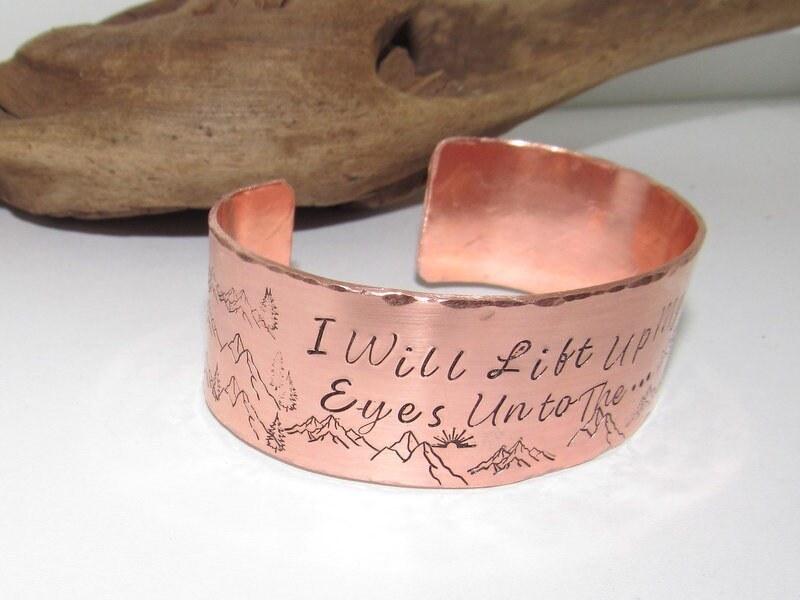 I will lift up my eyes, Wide copper Mountain bracelet with trees, adjustable copper cuff, stamped copper cuff bracelet,, view 3