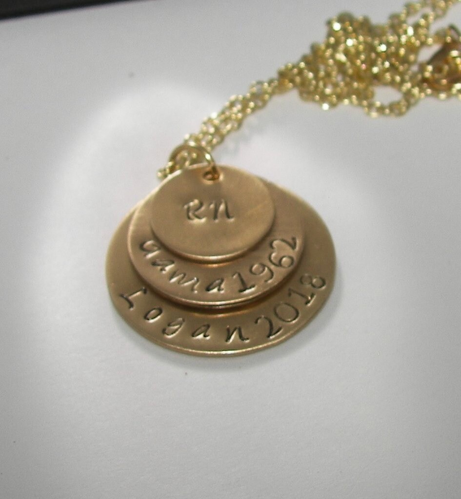 3 layer mothers necklace in brass nugold, nurse graduration gift, custom hand stamped jewelry , personalized jewelry necklace for her, view 5