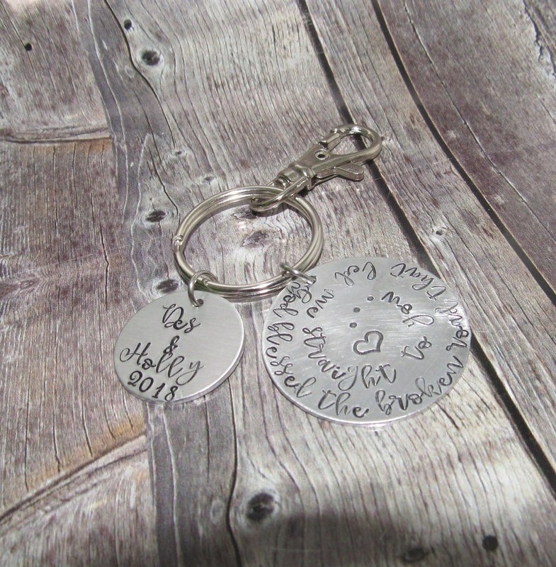 Pewter God bless the broken road, couples keyring, gift for mom , Wedding gift for him or her, key chain for couples, view 2