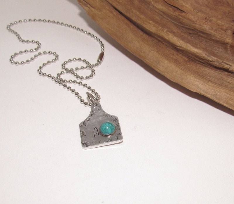 Personalized Initial Cow tag necklace with faux turquoise for her, horse lover gift, western jewelry for her, pendant necklace, view 7
