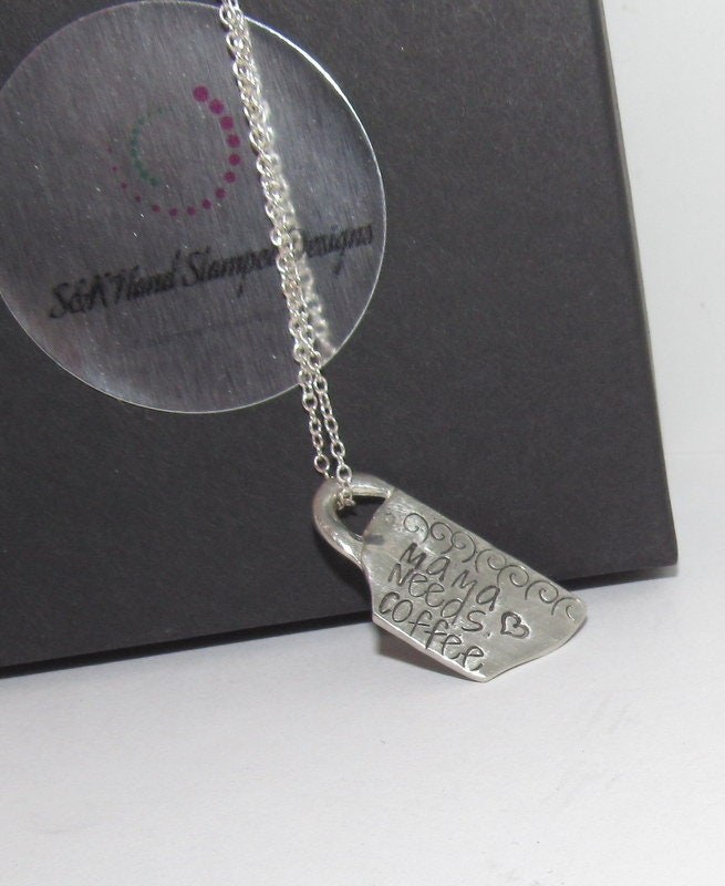 Mama needs coffee hand stamped pewter necklace, personalized coffee lover gift, custom stamped gift for mom, morning coffee gift, view 5