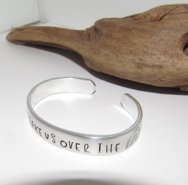 Pewter Books can take us over the rainbow, Personalized Adjustable stamped cuff bracelet, pewter cuff, stamped jewelry,, view 2