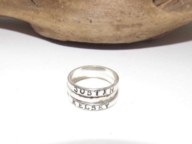 sterling silver skinny stacking name ring set, personalized name jewelry, hand stamped jewelry, Anniversary gift for mom, view 3