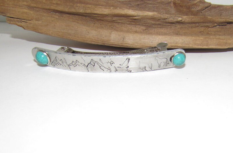 Boho-Chic Hand-Stamped Hair Accessory with a Western Flair , southwestern style hair clip ,Mountain country turquoise horse lover gift, view 2