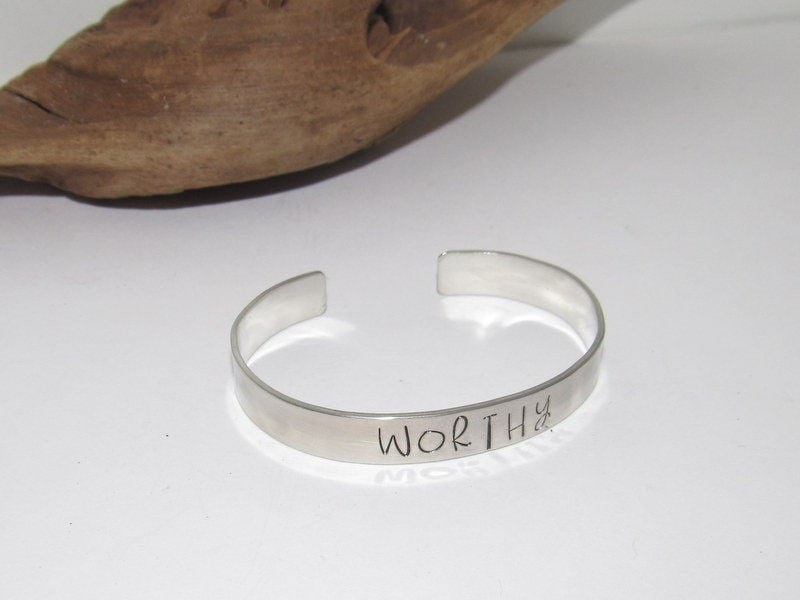 Worthy affirmation cuff bracelet, pewter jewelry, bridesmaid gifts, best friend gift, personalized bracelet for her, handstamped jewelry, view 5