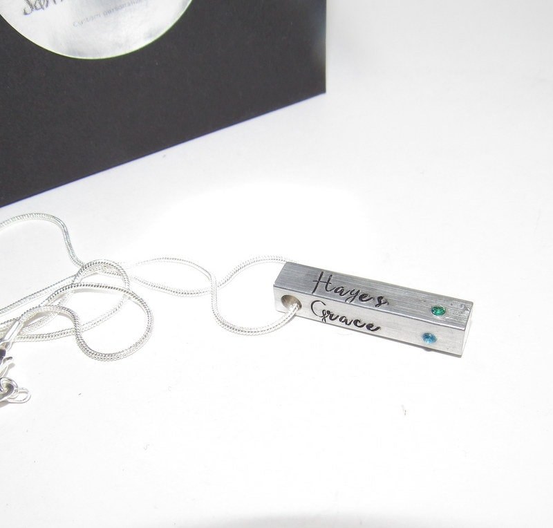 4 side pewter bar necklace, personalized mom necklace, names necklace , handstamped jewerly, handstamped jewelry, view 2