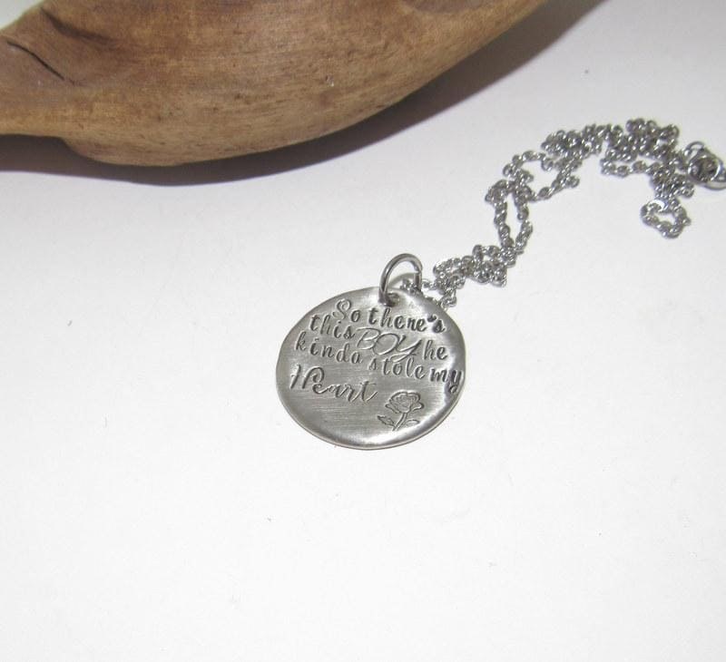SoThere's This Boy Who Stole My Heart, pewter mom necklace with kids names, Personalized custom hand stamped jewelry gift for grandma, view 2