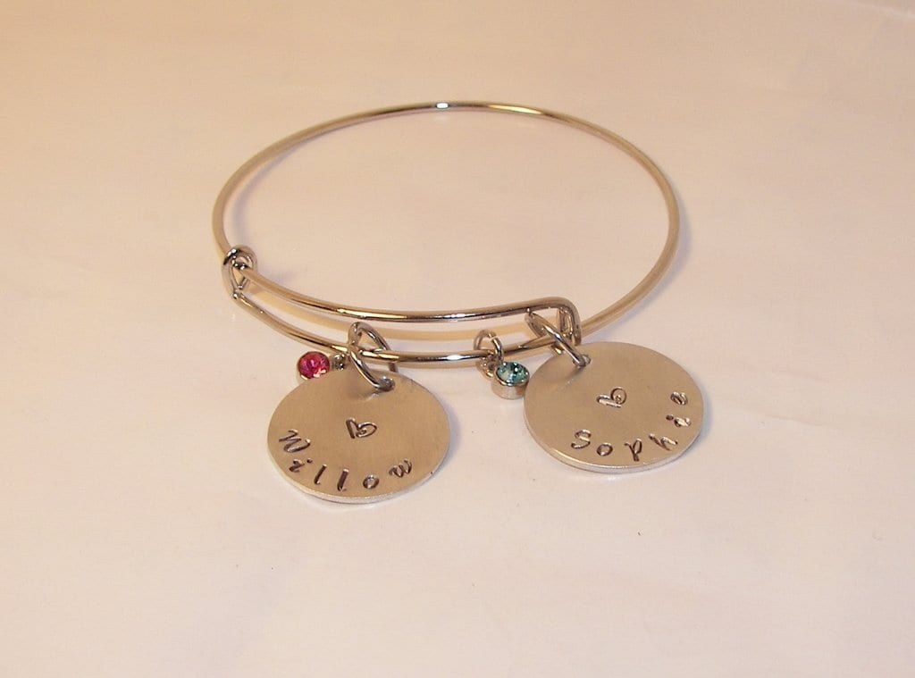 adjustable bangle charm bracelet with kids names and birthstones, personalized hand stamped jewelry bangle, custom handstamped jewelry, view 2