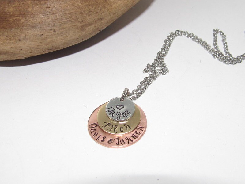 3 layer mothers necklace with kids names, custom hand stamped jewelry , personalized jewelry necklace for her, handstamped jewelry, view 4