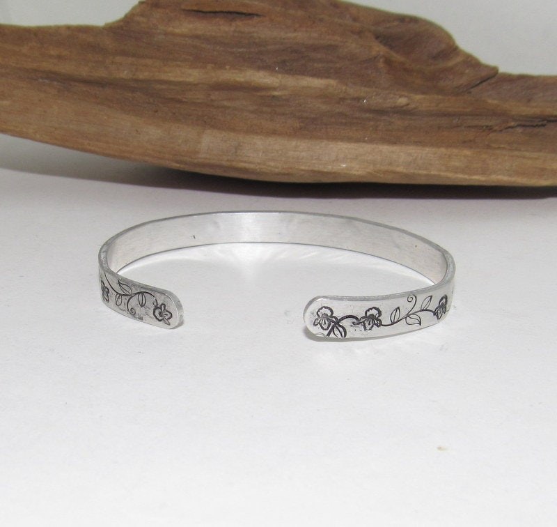 Skinny stacking February Birth flower bracelet, birthday gift girl, stamped personalized jewelry, brides maids gifts, nature flower jewelry, view 3