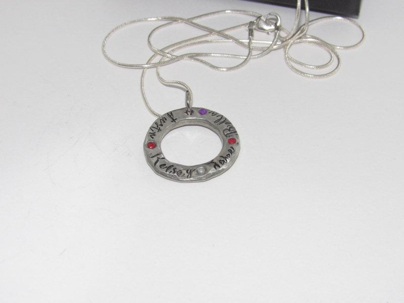 Personalized mom necklace with birthstone, Pewter family charm necklace, mothers jewelry, custom hand stamped jewelry gift for grandma, view 6
