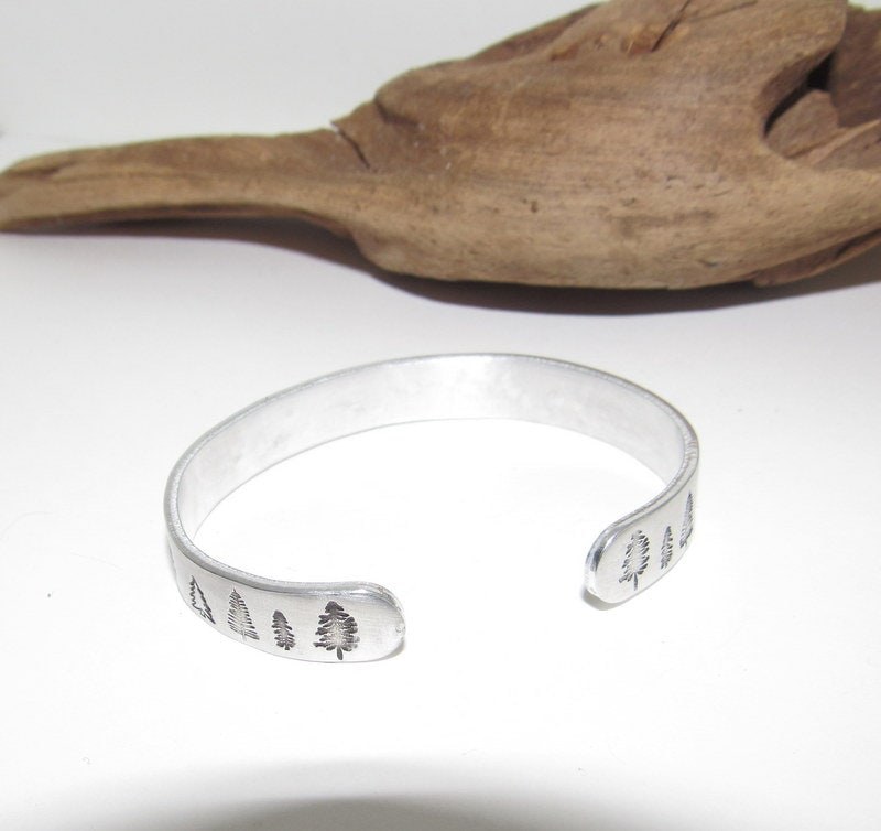 Mountain cuff, tree cuff bracelet, mountain lover gift, adjustable silver cuff, stamped jewelry, stamped cuff bracelet, view 4