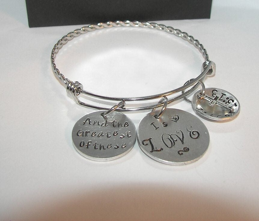 And the greatest of these is love, adjustable bangel hand stamped jewelry inspirational personalized jewelry, corth 13 :13, view 3