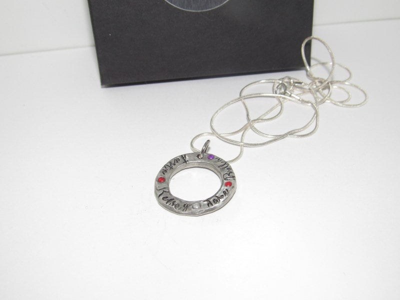 Personalized mom necklace with birthstone, Pewter family charm necklace, mothers jewelry, custom hand stamped jewelry gift for grandma, view 2