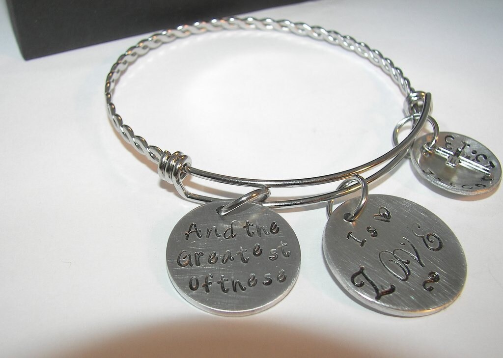 And the greatest of these is love, adjustable bangel hand stamped jewelry inspirational personalized jewelry, corth 13 :13, view 4