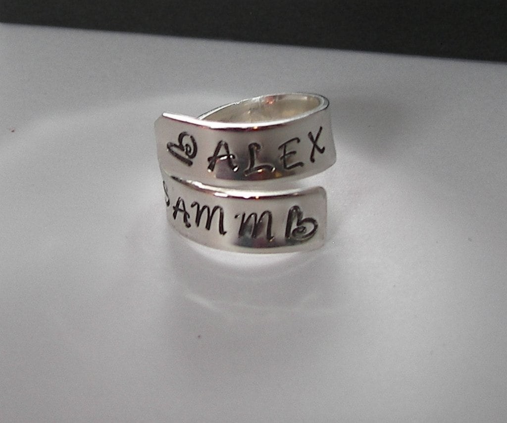 Pewter kids name wrap ring, custom personalized jewelry ,hand stamped jewelry ring for mom, Anniversary gift for mom, handstamped jewelry, view 2