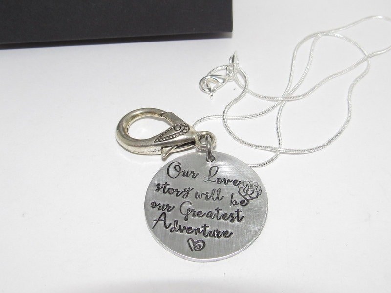 Our love story personalized Ring holder necklace , mother to be gift, hand stamped new mom or mommy to be necklace handstamped jewelry