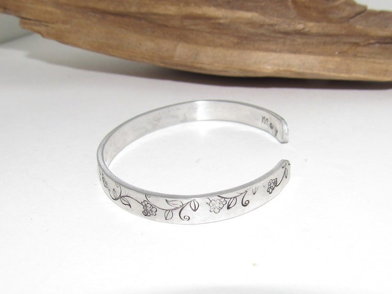 May skinny Birth flower bracelet, Mothers day gift, stamped personalized jewelry, brides maids gifts, nature flower jewelry, view 2