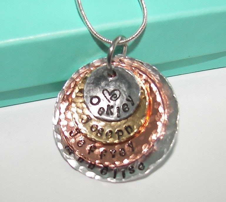 4 layer mom hand stamped necklace with kids names, personalized mom necklace, custom handstamped jewelry, Mothers day gift for Grandma, view 3