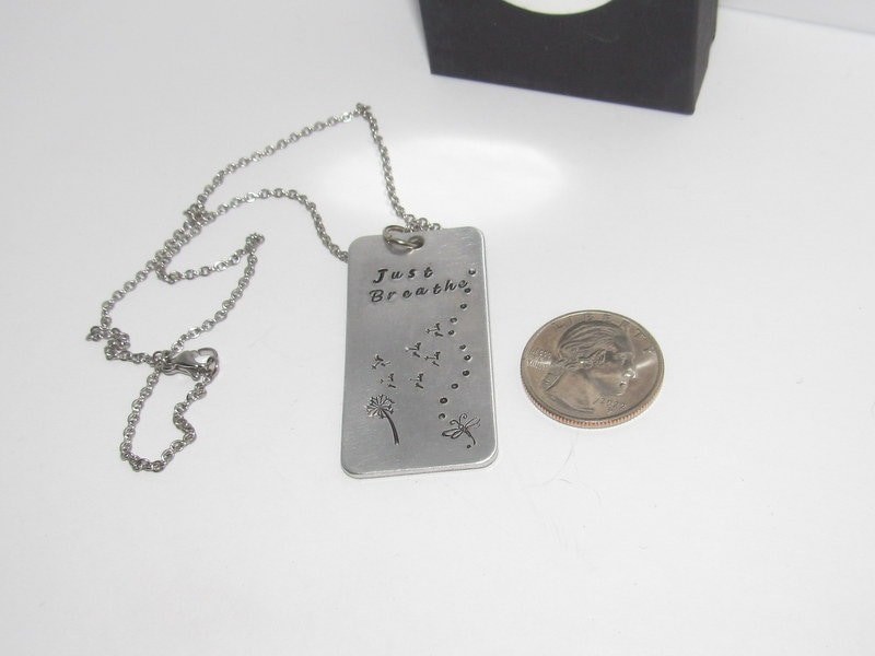 Just breathe gift, dandelion necklace, dragonfly necklace, personalized jewelry Mothers custom hand stamped jewelry, Custom saying necklace, view 2