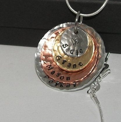 4 layer mom hand stamped necklace with kids names, personalized mom necklace, custom handstamped jewelry, Mothers day gift for Grandma, view 2