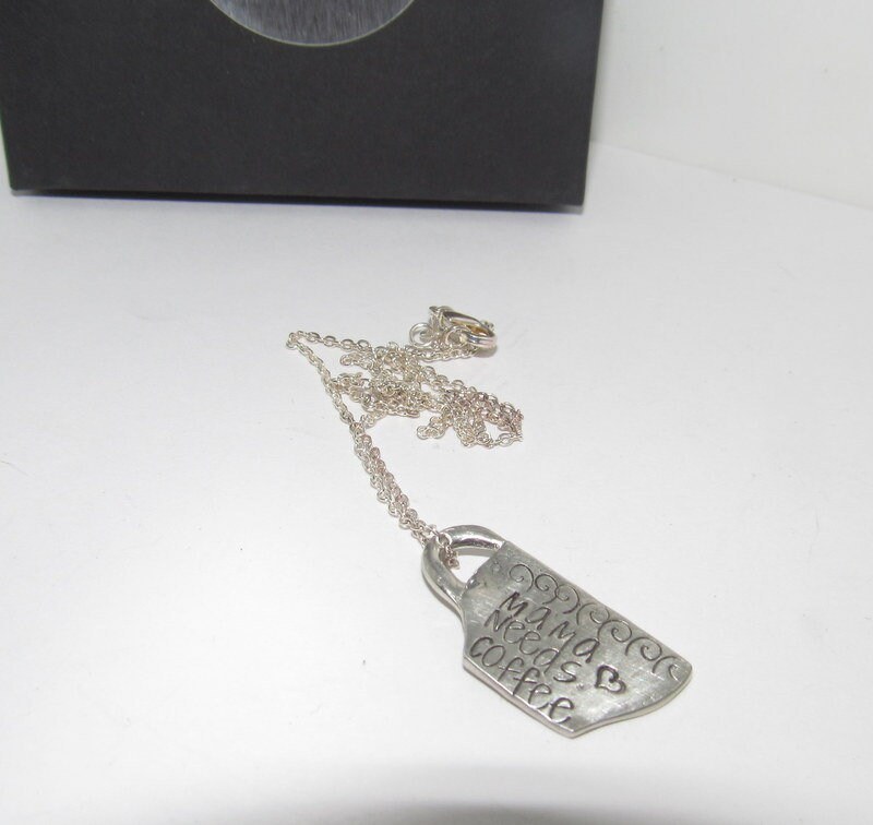 Mama needs coffee hand stamped pewter necklace, personalized coffee lover gift, custom stamped gift for mom, morning coffee gift, view 3