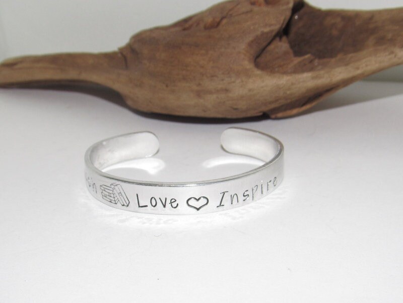 Teachers cuff bracelet , teach love and inspire bracelet, gift for teacher, hand stamped jewelry, personalized bracelet, view 4