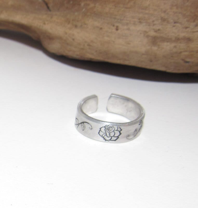 adjustable rose ring birth flower ring, stamped ring, hand stamped jewelry , custom ring, personalized ring, view 2