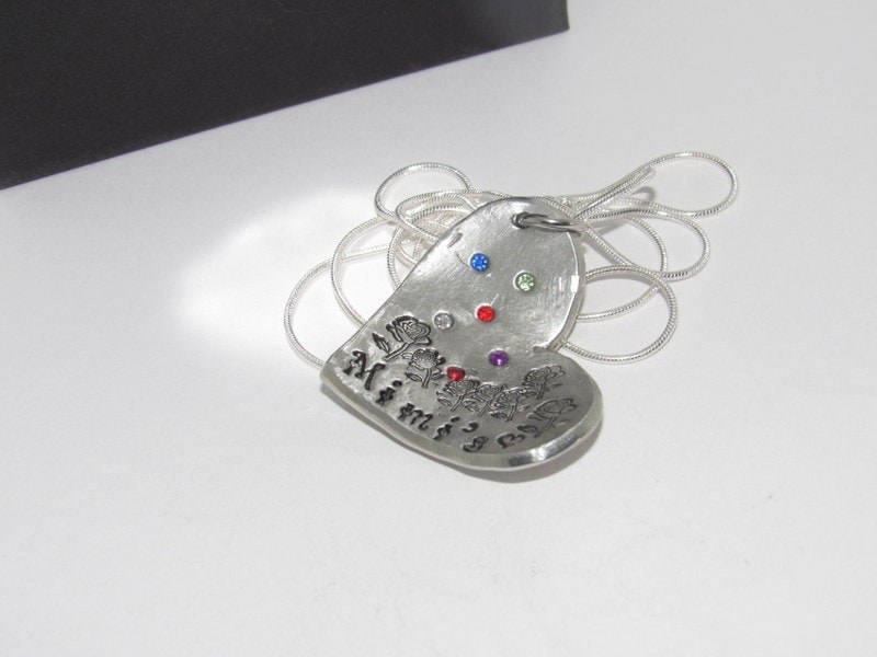 Personalized mom necklace with birthstone, Pewter family charm necklace, mothers jewelry, custom hand stamped jewelry gift for grandma, view 5