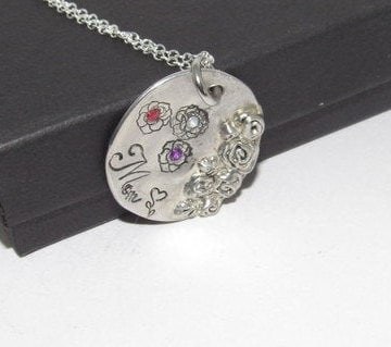 Personalized mom necklace with birthstone, Pewter family charm necklace, mothers jewelry, custom hand stamped jewelry gift for grandma, view 7