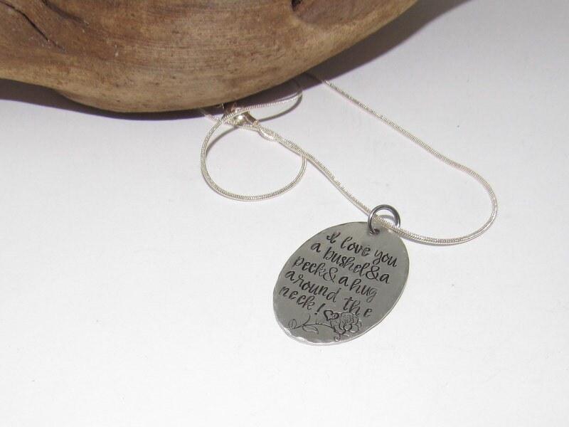 Pewter I love you a bushel and a peck & a hug around the neck necklace, personalized jewelry for mom, Mothers custom hand stamped jewelry, view 5