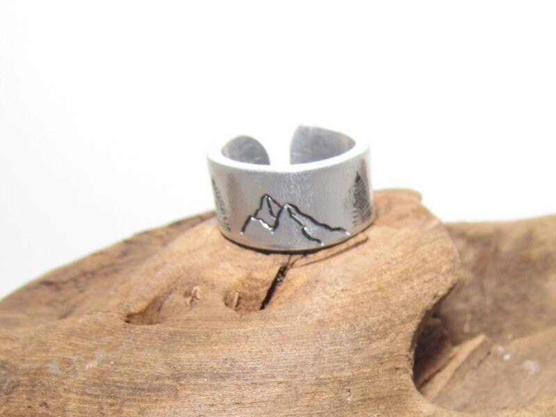 Mountain view Personalized Adjustable stamped ring, inspiration rings, adjustable silver ring, stamped jewelry, boho mountain ring, view 5