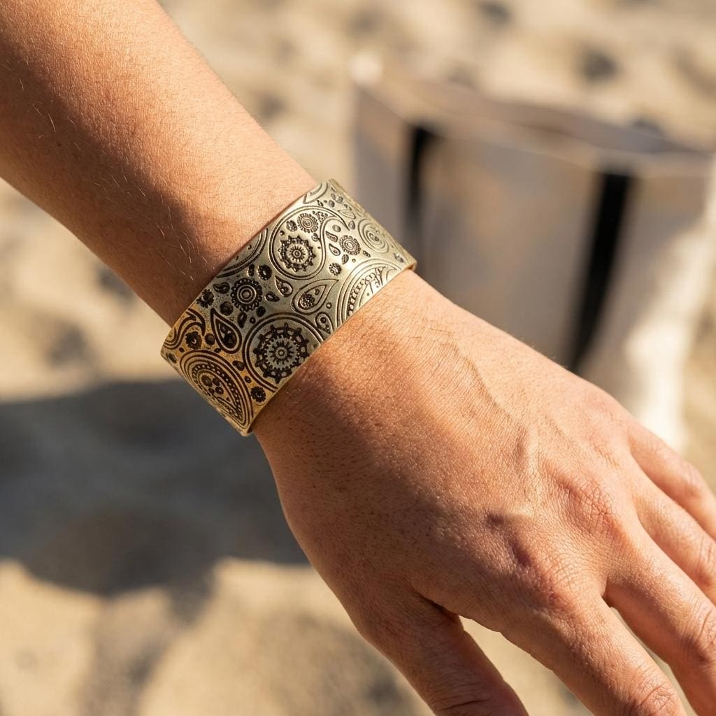 brass new gold Floral Print Embossed Cuff, boho paisley jewelry, personalized cuff bracelet, Bff gift, western jewelry cuff,, view 2