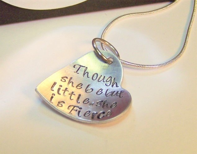 Though she be little she is fierce, custom stamped necklace, personalized heart necklace, handstamped jewelry , gifts for her, team gifts, view 3