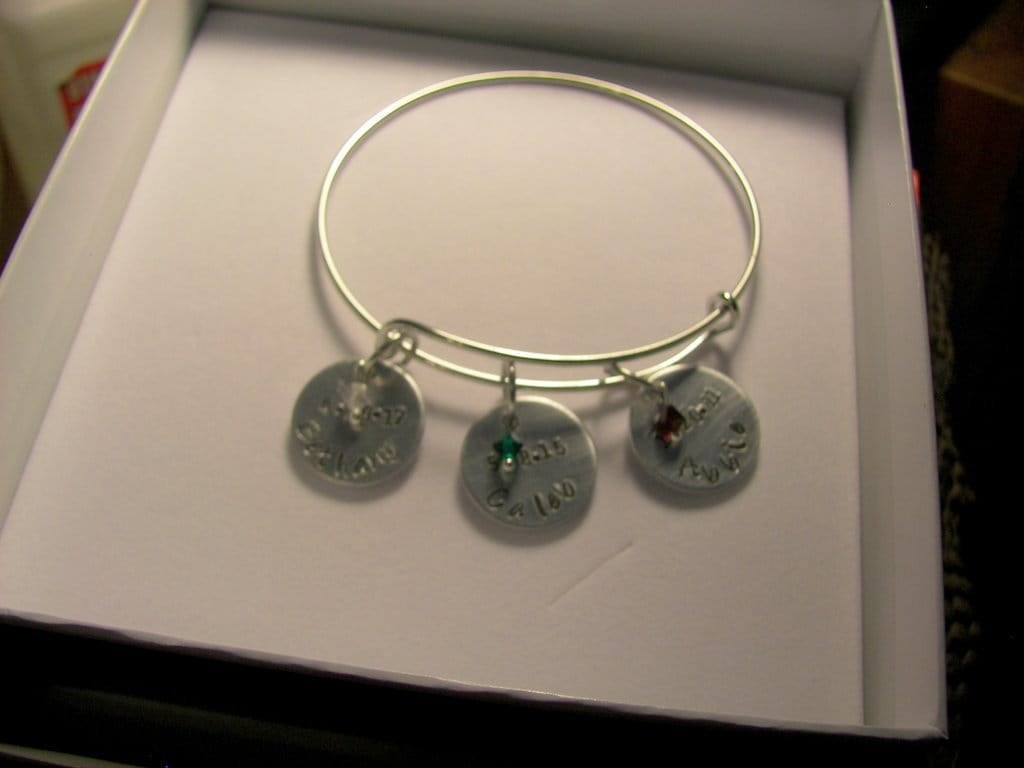 adjustable bangle charm bracelet with kids names and birthstones, personalized hand stamped jewelry bangle, custom handstamped jewelry, view 8