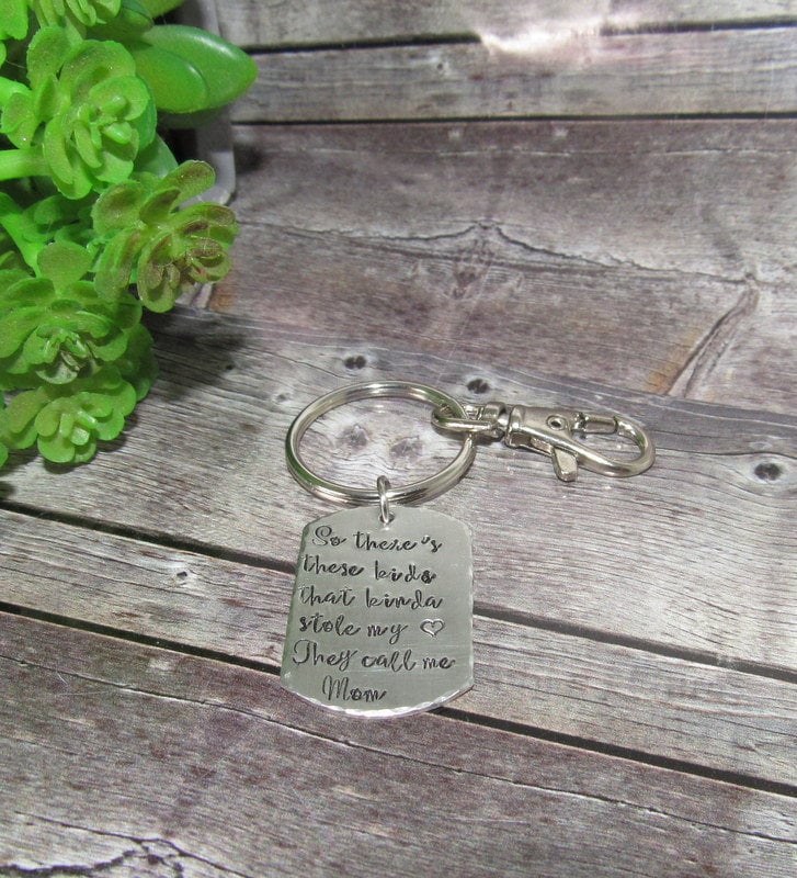 Pewter So there's these kids that stole my heart they call me mom or dad, Key ring with kids names, custom personalized handstamped jewelry, view 7