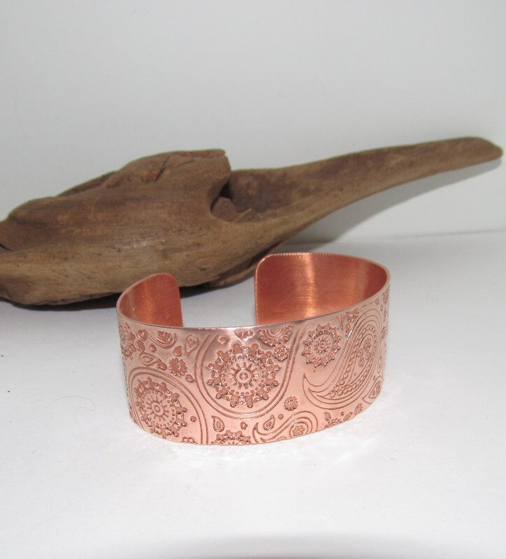 Copper Paisley Floral Print Embossed Cuff, boho paisley jewelry, personalized cuff bracelet, Bff gift, western jewelry cuff,, view 2