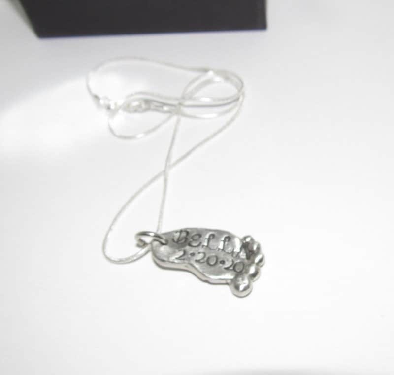 Baby foot necklace, Personalized pewter necklace, gift for new mom, name necklace, mothers necklace, custom hand stamped jewelry, view 3
