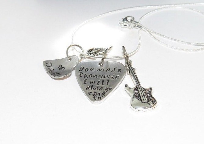 Pewter jewelry , The music I sing to memorial guitar pick necklace, personalized jewelry , custom hand stamped jewelry, handstamped jewelry, view 7
