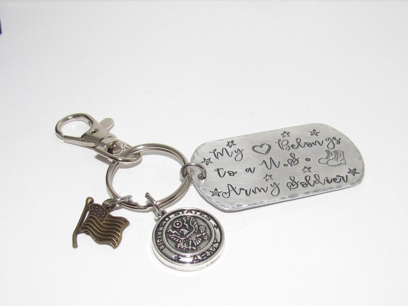 My hearts belongs to a soldier keychain, Military wife gift, Army wife gift, Marine wife gift, custom stamped keychain, view 7