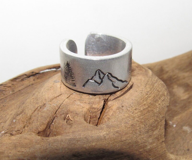 Mountain view Personalized Adjustable stamped ring, inspiration rings, adjustable silver ring, stamped jewelry, boho mountain ring, view 6
