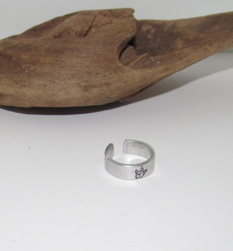 ASL I love you Adjustable stamped ring, I love you aluminum ring, inspiration rings, adjustable silver ring, stamped jewelry,, view 2