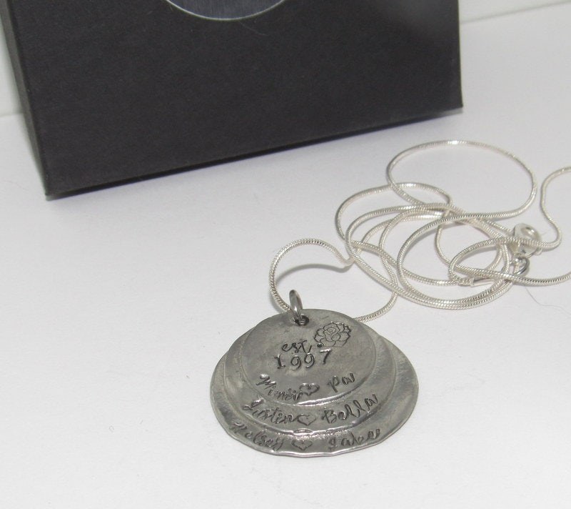 3 layer pewter mothers necklace with kids names, grandmothers necklace , custom hand stamped jewelry , personalized jewelry, view 4