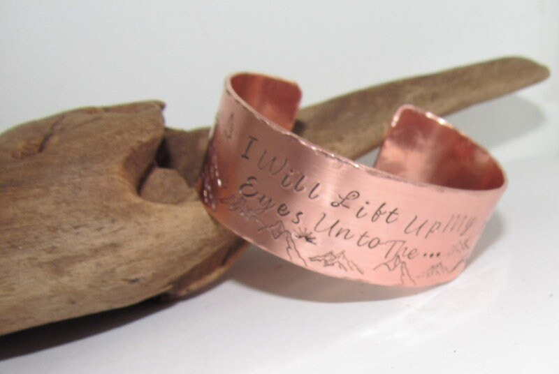 I will lift up my eyes, Wide copper Mountain bracelet with trees, adjustable copper cuff, stamped copper cuff bracelet,, view 8